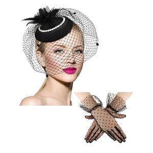 20s 50s Tea Party Hat Clip And Glovess Set Fascinator Hat For Women 6694